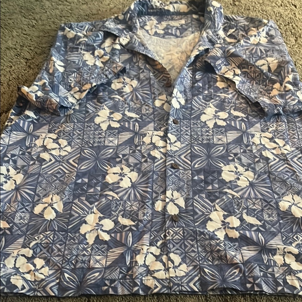 Tommy Bahama Navy and White Floral Shirt-hibiscus flower print